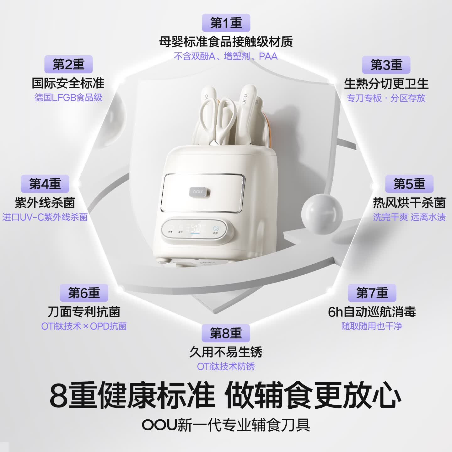 OOU兔宝钛刀德国不锈钢刀具套装菜刀消毒舱刀架防锈水果刀剪刀套装 【标准版】净化舱辅食钛刀 6件套
