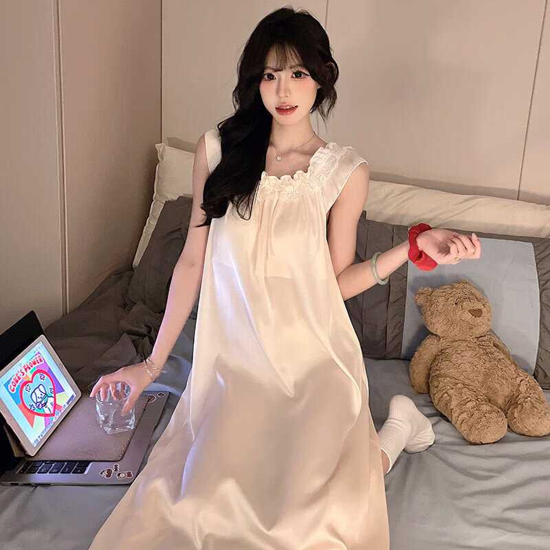 诺力盾夏季冰丝蕾丝花边带胸垫背心睡裙性感轻薄女士休闲睡衣 2530-1H[冰丝凉感]蓝色 L 165推荐100120斤