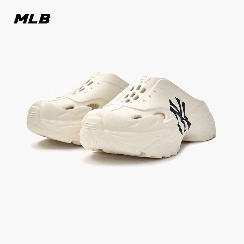 MLB官方 男女情侣休闲镂空大logo厚底凉鞋拖鞋春夏新款SQR01 纽约洋基队/标准象牙白色 42.5