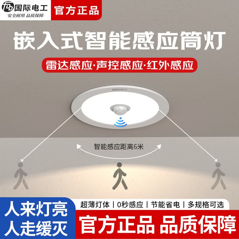 国际电工（FDD）雷达人体感应筒灯走廊过道声控灯LED节能嵌入式吊顶孔灯玄关射灯 雷达人体感应筒灯【6寸-18W】 亮白光(6000K)