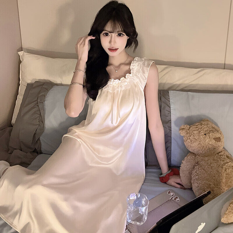 诺力盾夏季冰丝蕾丝花边带胸垫背心睡裙性感轻薄女士休闲睡衣 2530-1H[冰丝凉感]蓝色 L 165推荐100120斤