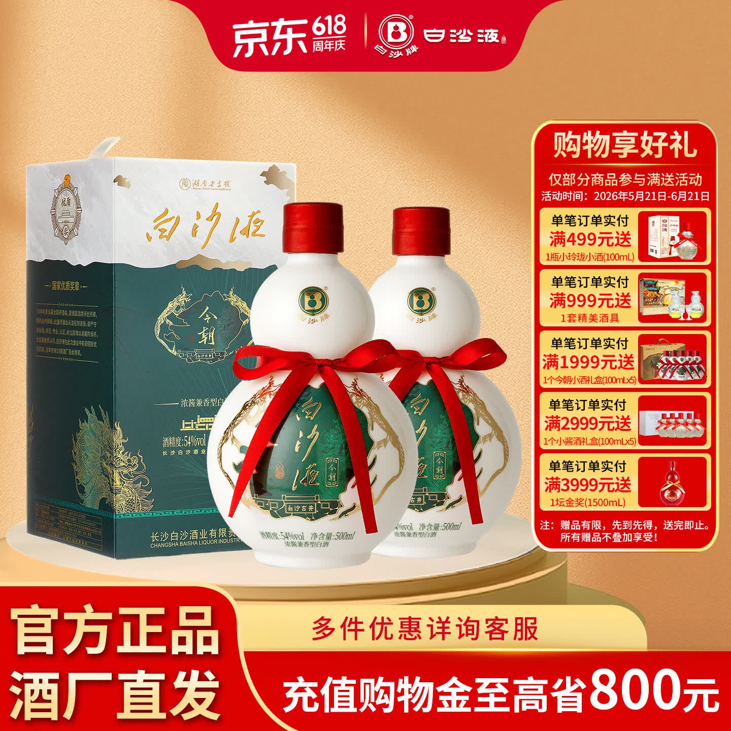白沙湖南老字号名酒 白沙液今朝经典葫芦 浓酱兼香型纯粮食大曲白酒 54度 500mL 2瓶 （升级版双瓶）