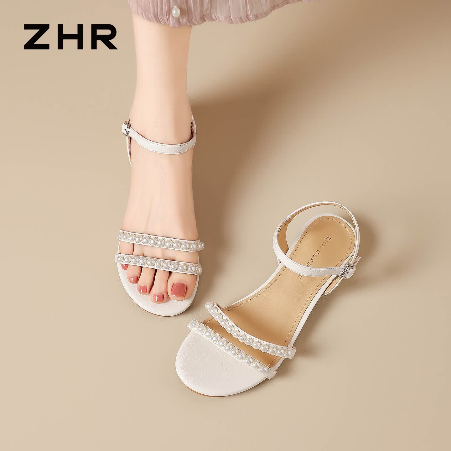 ZHR则则平底凉鞋女夏季新款法式珍珠女鞋仙女一字带罗马鞋子女AZ79米色38