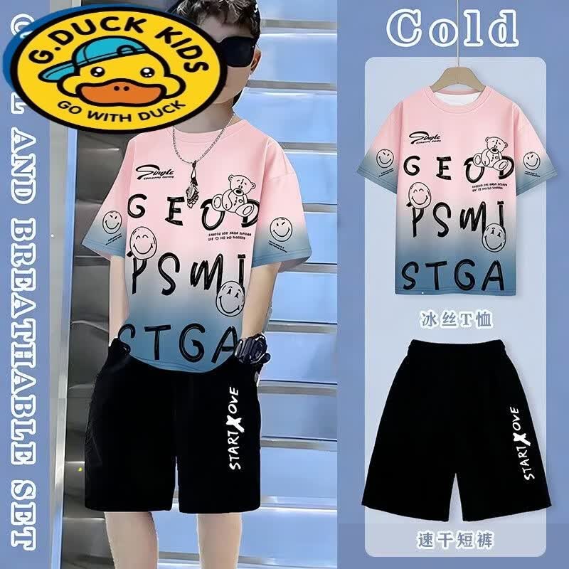 G.duck男童短袖套装夏季儿童男孩冰丝恤上衣半袖中大童夏装薄款两件套 wK-03【冰感透气】T  #T恤 170 (建议身高165cm左右)