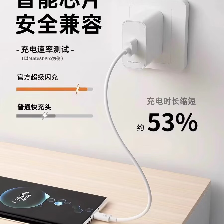 适用华为荣耀66W100W120W充电器原装Mate60Mate50Mate40Mate30 快充头原装充电器超级快充type-c 66W快充头+6A闪充线2米【套装】