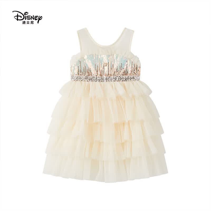 迪士尼（Disney）艾莎公主裙女童连衣裙2026夏季新款儿童碎花洋气甜美网纱长裙童装 米色 120