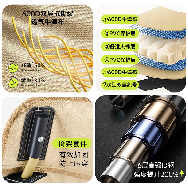 JCZS德国品牌户外可调节折叠椅办公室露营午休可坐可躺椅午休带腿拖月 卡其色三挡调节+可拆卸脚【柔软包裹丨坐躺两用】