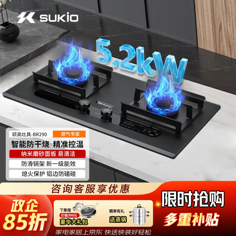 硕高燃气灶台嵌两用 5.2kw大火力嵌入式台式家用猛火灶一级能效天然气双灶精准控温防干烧JZT-SK-BR290 天然气12T 【BR290】智能灶防干烧