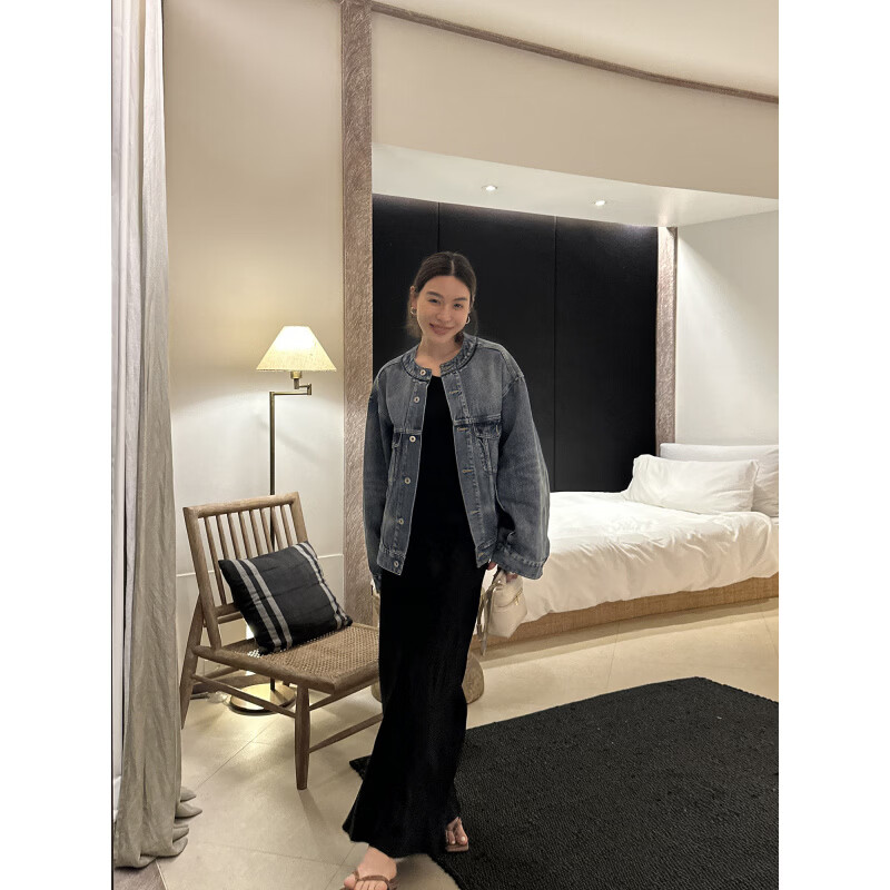 LE ALFASHIONLINE【断码清仓】廓形牛仔外套女秋装春季新款宽松显瘦圆领水洗牛仔衣 蓝色 现货 S