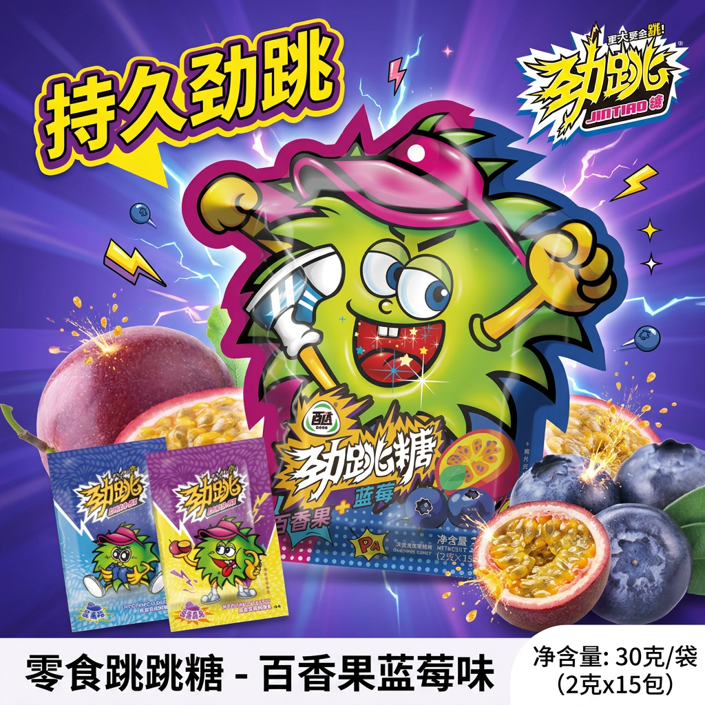 劲跳跳跳糖劲跳糖喜糖趣味糖果学生分享零食幼儿园糖 百香果蓝莓味30g