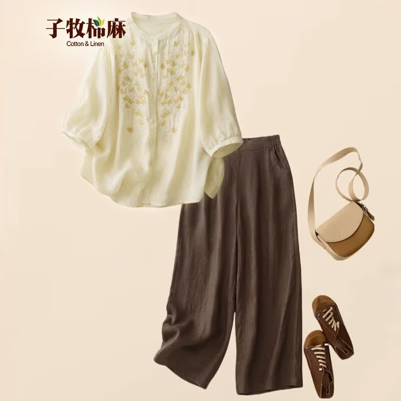 子牧棉麻2026夏装 女时尚套装短袖衬衫裤子宽松复古休闲两件套1568 杏色上衣+咖色阔腿裤 M (建议95-115斤)