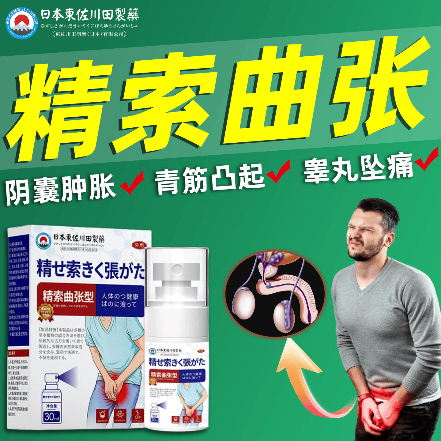 日本新薬株式会社精索静脉曲张专用进口药冷敷凝胶男性左侧睾丸疼痛胀喷雾内裤拖带 5瓶【周期装】建议中度患者
