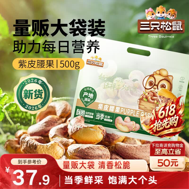 三只松鼠袋装紫皮腰果500g每日坚果炒货干果休闲零食0添加端午团购送礼