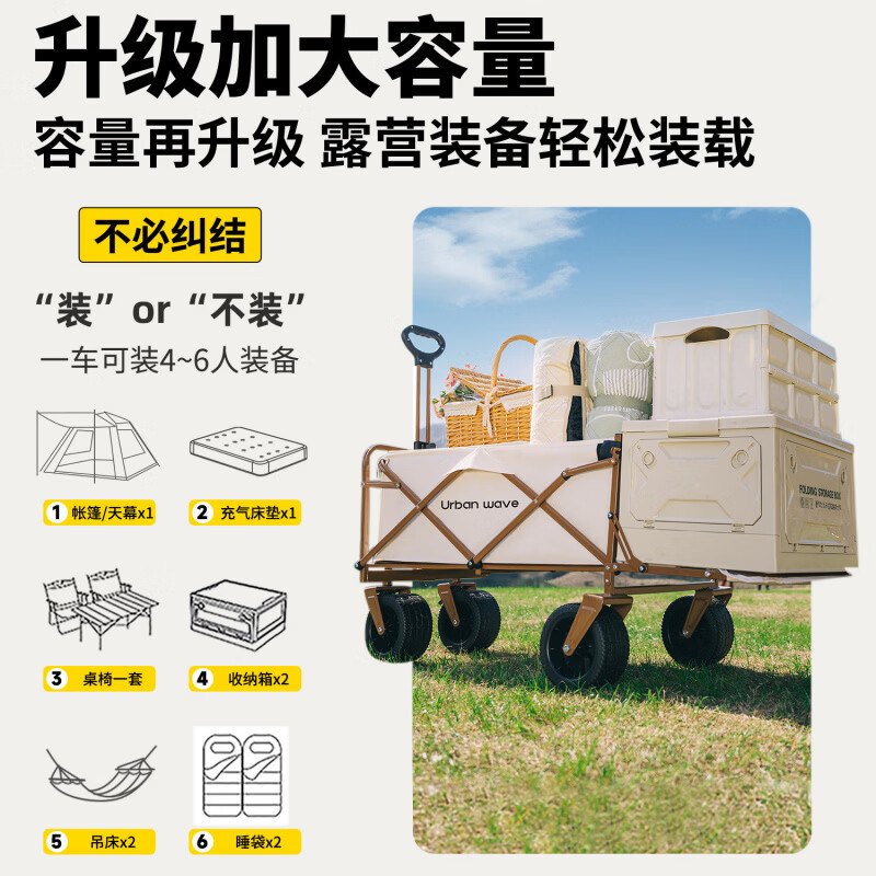 城市波浪（URBANWAVE UW）露营车户外大号折叠手推车野餐营地车轻便快递购物摆摊小推车 黑白双拼色【飞机轮*双刹*7寸车架】后开门车桌椅款
