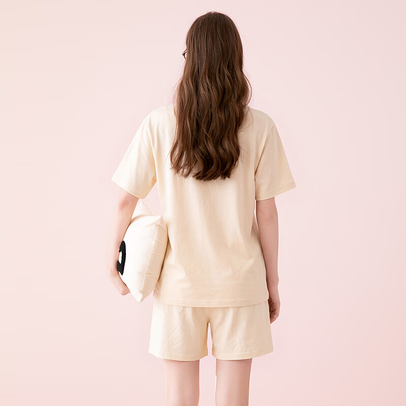 芬腾【7A抑菌】100%纯棉睡衣女2026新款士圆领短袖短裤家居服女套装 奶黄 L