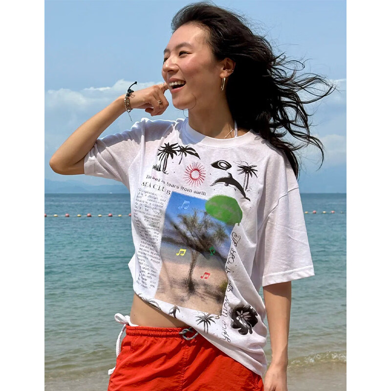 Crying center 哭喊中心夏日海滩轻薄竹节棉短袖T恤度假海边穿搭 白色 XS
