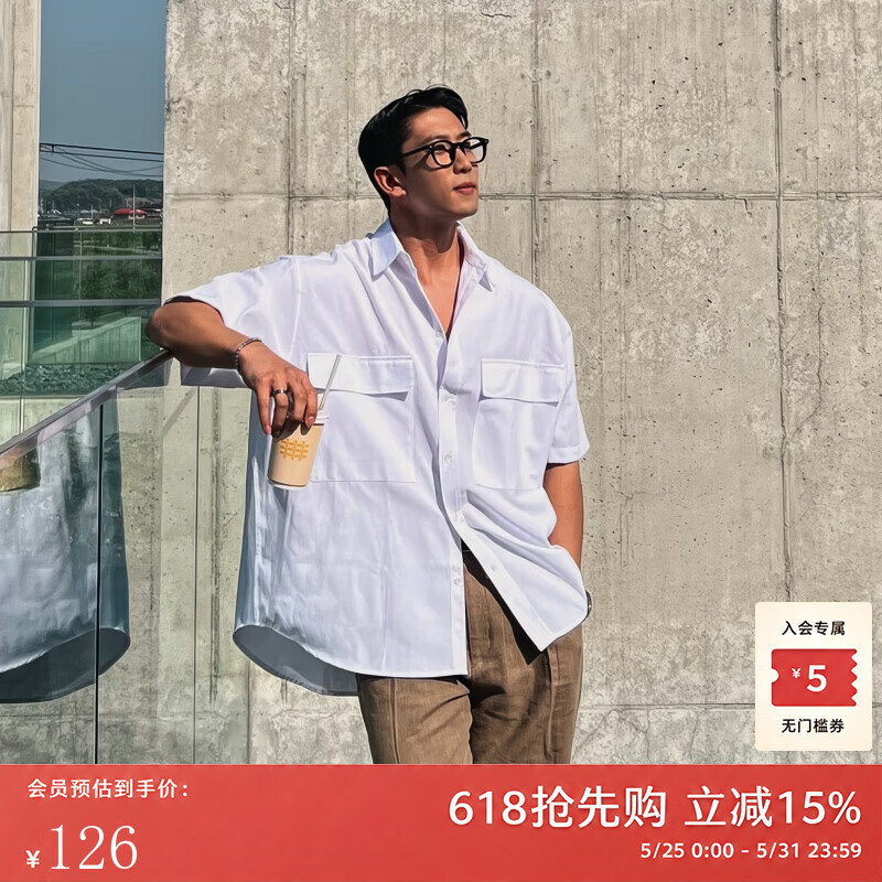 我是大卫白色翻领工装男士衬衫美式高街日常休闲短袖宽松松弛感男友风 白色 XL