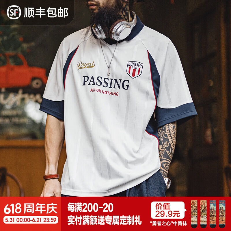 马登工装美式复古v领polo衫运动球衣带领印花短袖t恤男夏季薄款上衣 米白色 【半袖衫男款/青少年体恤/世界杯足球队服】 M