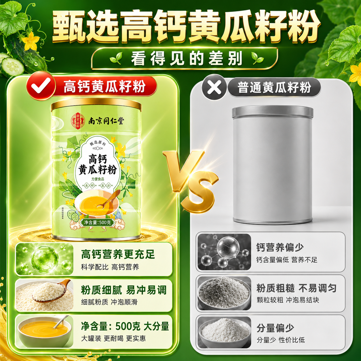 南京同仁堂黄瓜籽粉补钙壮骨中老年人关节疼痛骨折专用黄瓜籽粉熟制黄瓜籽粉 【黄瓜籽粉】 500g*1罐 【改善骨质松软】