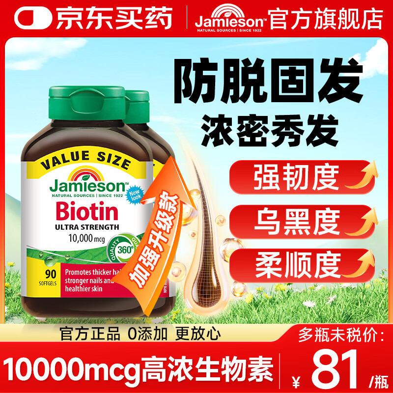 健美生（Jamieson）生物素10000mcg防脱发密发增发维生素b7生发男士脂溢性女士养发护 【两瓶周期见效】防脱密发 滋养调理 90粒*2瓶