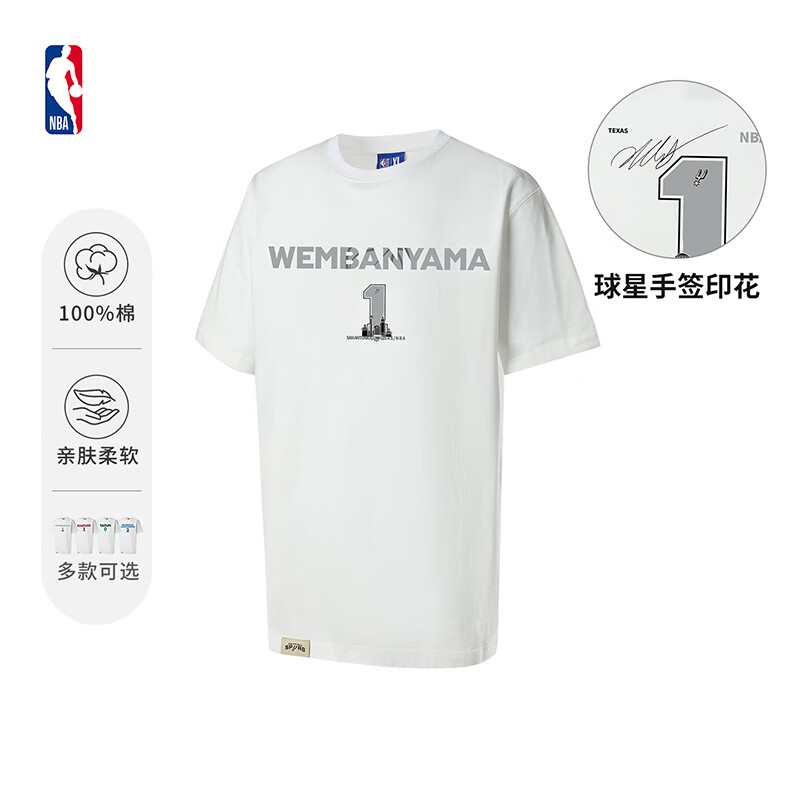 NBA官方26新款马刺文班亚马雷霆亚力山大杜兰特詹姆斯纯棉短袖t恤 白(文班亚马） M