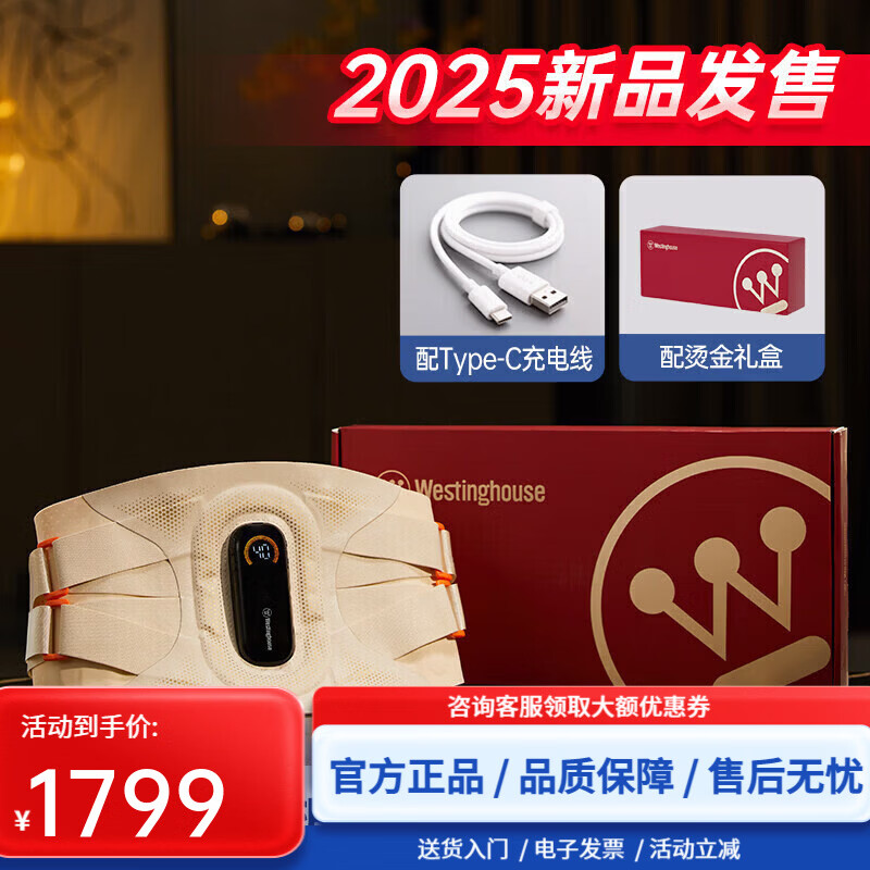 西屋（Westinghouse）美国西屋WS3腰部按摩仪护腰带震动热敷腰椎腰肌暖腹按摩器礼物 WS3云柔杏【震动热敷护腰 4大仿生支撑钢条】