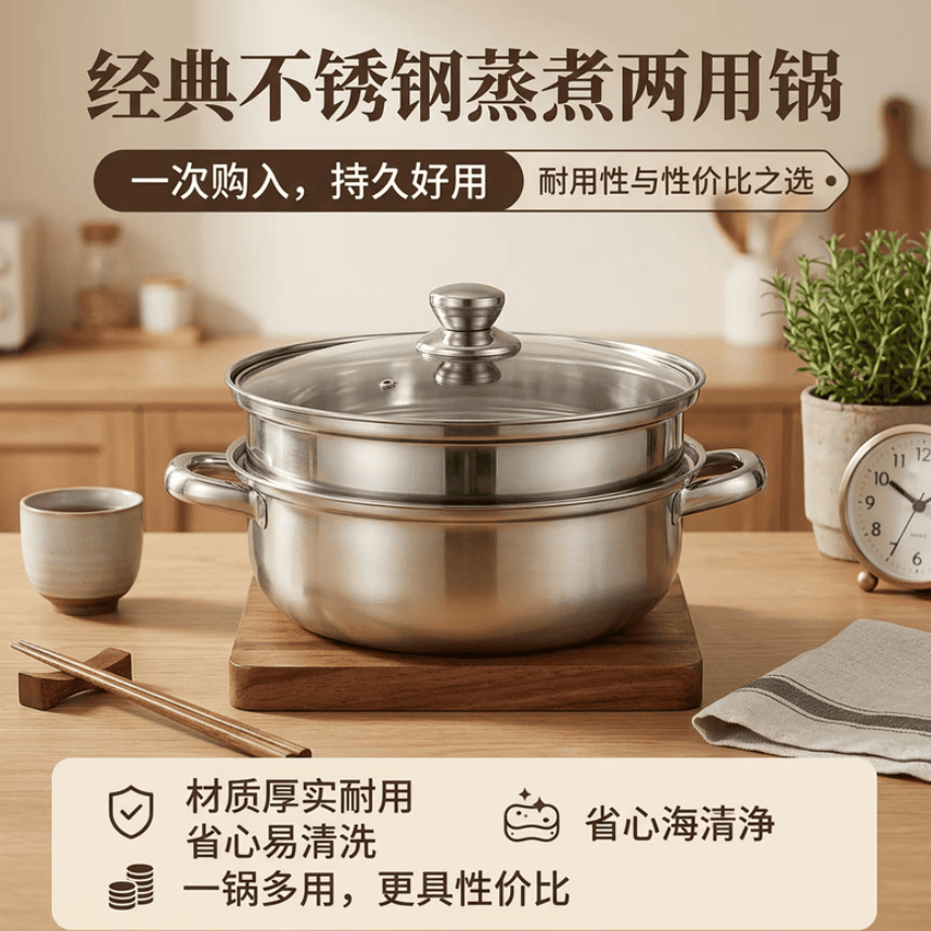 Lecker乐克尔不锈钢双层蒸锅汤蒸锅加厚家用大容量煮汤炖锅一体汤锅 【性价比】爆款蒸锅 28cm