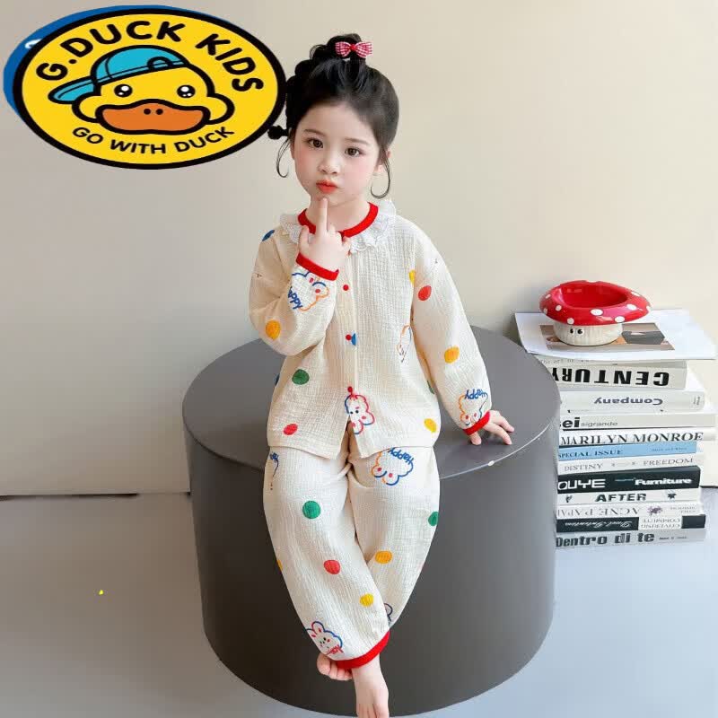 G.duck儿童女童纯棉纱布睡衣薄款宝宝春秋长袖款开衫家居服套装可爱空调 图片色 90
