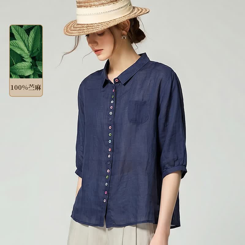雾道【100%苎麻】26夏老钱风七分袖彩扣精致设计感宽松女式衬衫