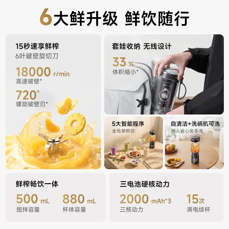 追觅便携式榨汁机P10 手持式 料理机 果汁机 搅拌机 破壁机 沙冰奶昔冷冻原料辅食机家电自清洁 无线便携-冷杉绿