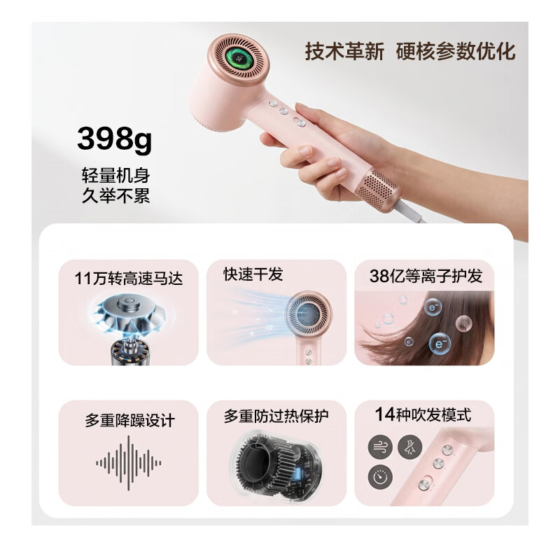 喔夫 智能高速吹风机高清彩屏 38 亿等离子双重护发 一机多用 恒温降噪 重力感应 干手护发 儿童节礼物 粉金色 礼盒套装