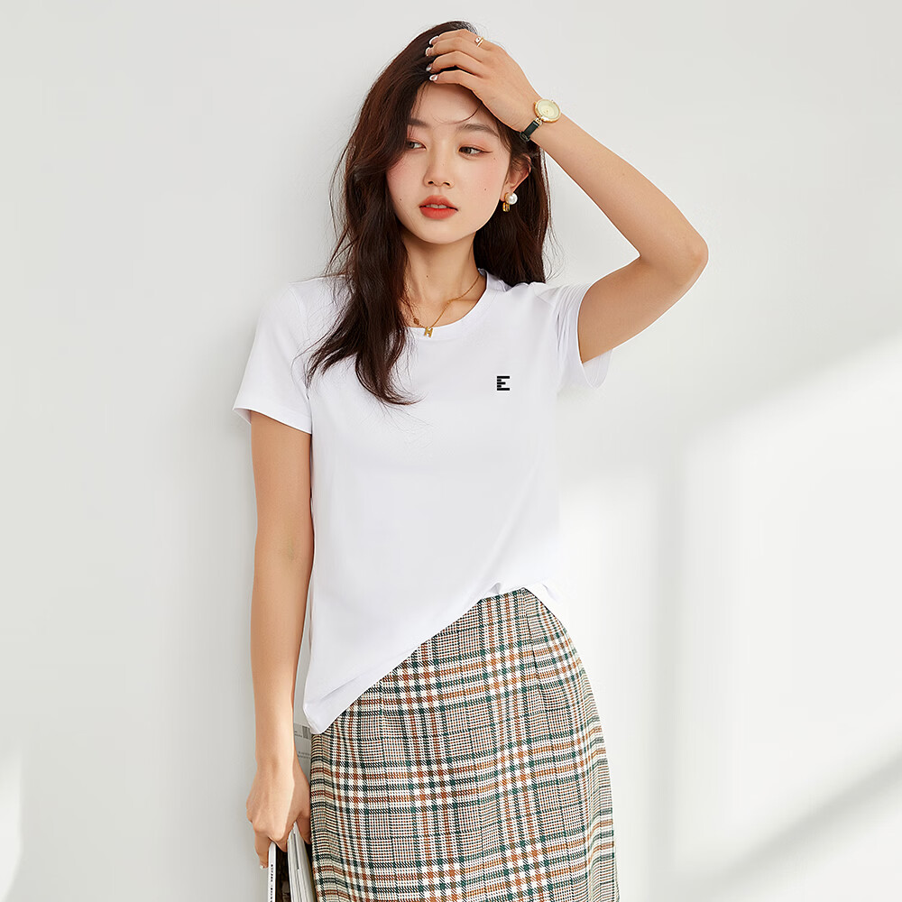 美舒臣短袖t恤女2026夏季新款简约字母印花圆领纯色百搭休闲上衣妈妈装 白色 XL 建议(110-125斤)