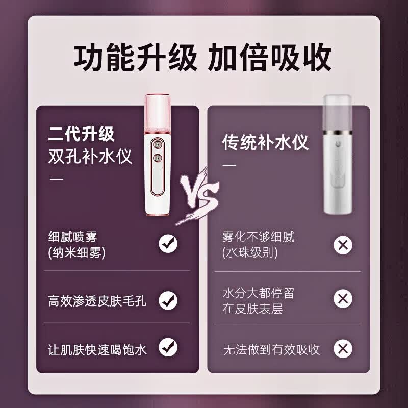 双孔纳米补水仪喷雾器脸部补水仪手持家用便携冷喷机面部加湿器蒸脸器美容仪注氧仪 【天空蓝-双孔】双倍雾量