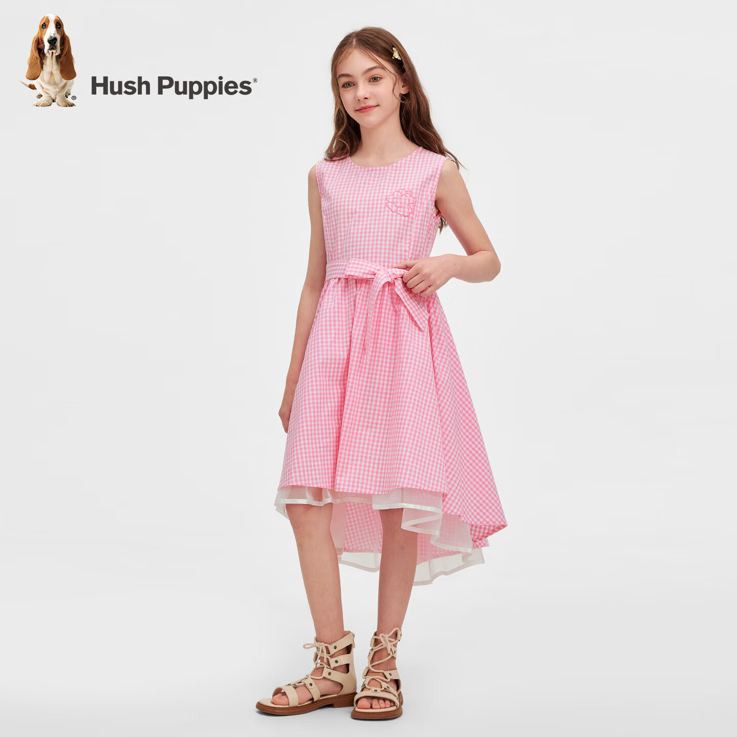 暇步士(Hush Puppies)童装儿童女童2026春夏新款无袖清新网纱格纹公主裙 草莓冰 130 cm
