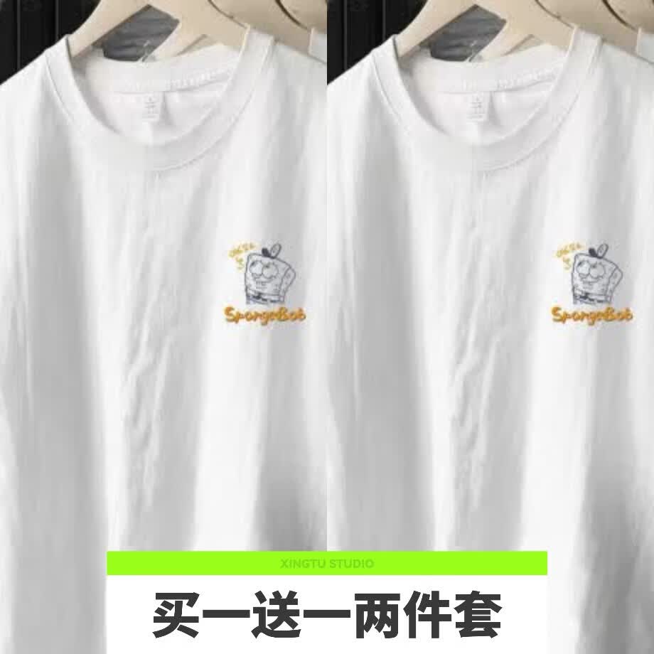 情侣装夏装2025夏季宽松短袖t恤男款棉质五分半袖女学生上衣服SN 精梳棉-海绵宝宝白+海绵宝宝白 XL