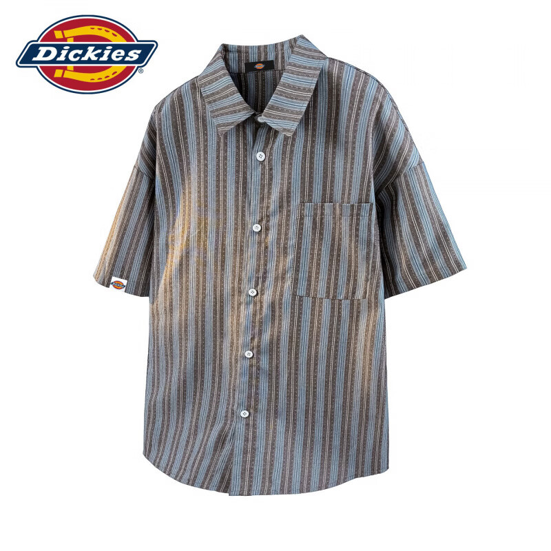 Dickies美式复古休闲衬衫短袖男士2026夏季新款宽松舒适百搭条纹上衣服装 咖色 M 推荐95-110斤