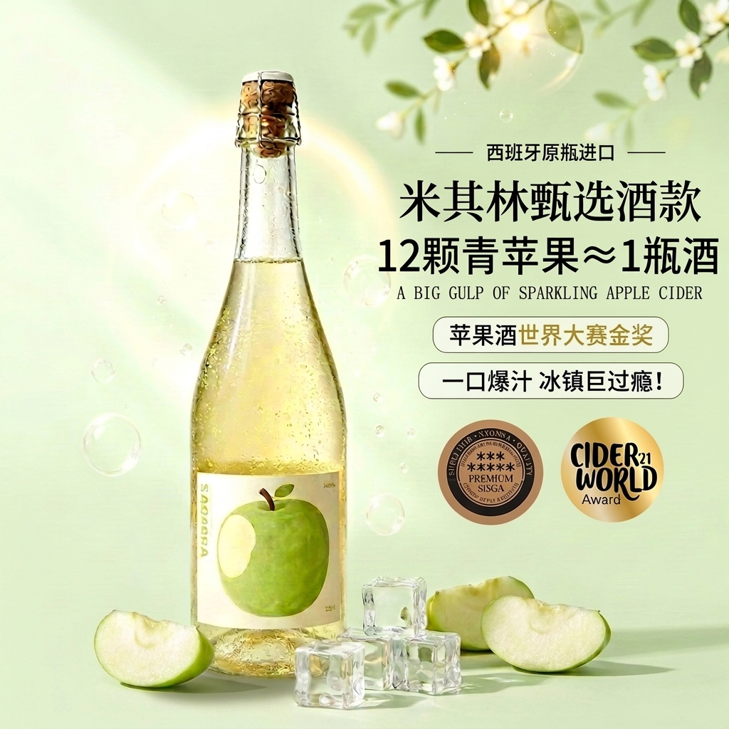 赴月西班牙原瓶进口苹果起泡酒西打气泡酒低度女士微醺酒果酒甜酒 清新苹果香·0香精0色素·单支装