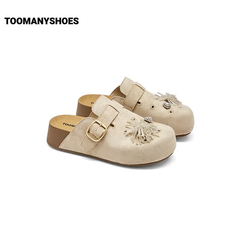 TOOMANYSHOES26秋新款仙女棒经典休闲厚底增高包头柔软勃肯拖鞋 米色 39