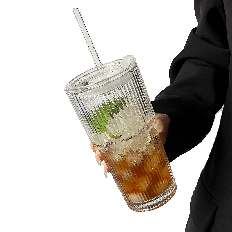溥畔风大容量带盖带吸管竖条纹玻璃杯高颜值冷饮杯果汁咖啡杯水杯 竖条纹玻璃杯+600ml[两只装]