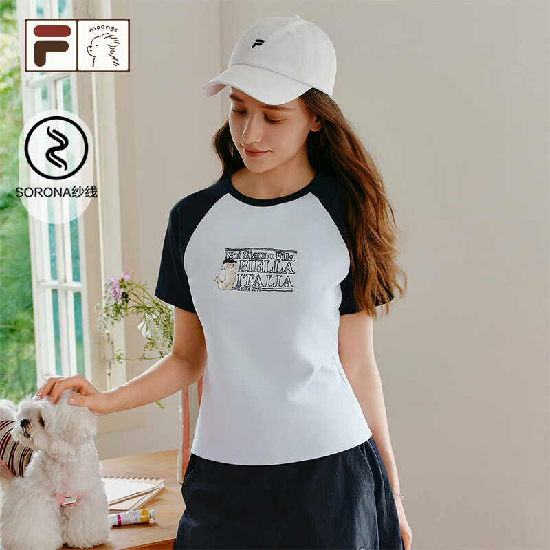 FILA FUSION斐乐潮牌女子针织短袖衫2026秋新款时尚修身插肩袖T恤女 古冰蓝-BU S 160/80A/S