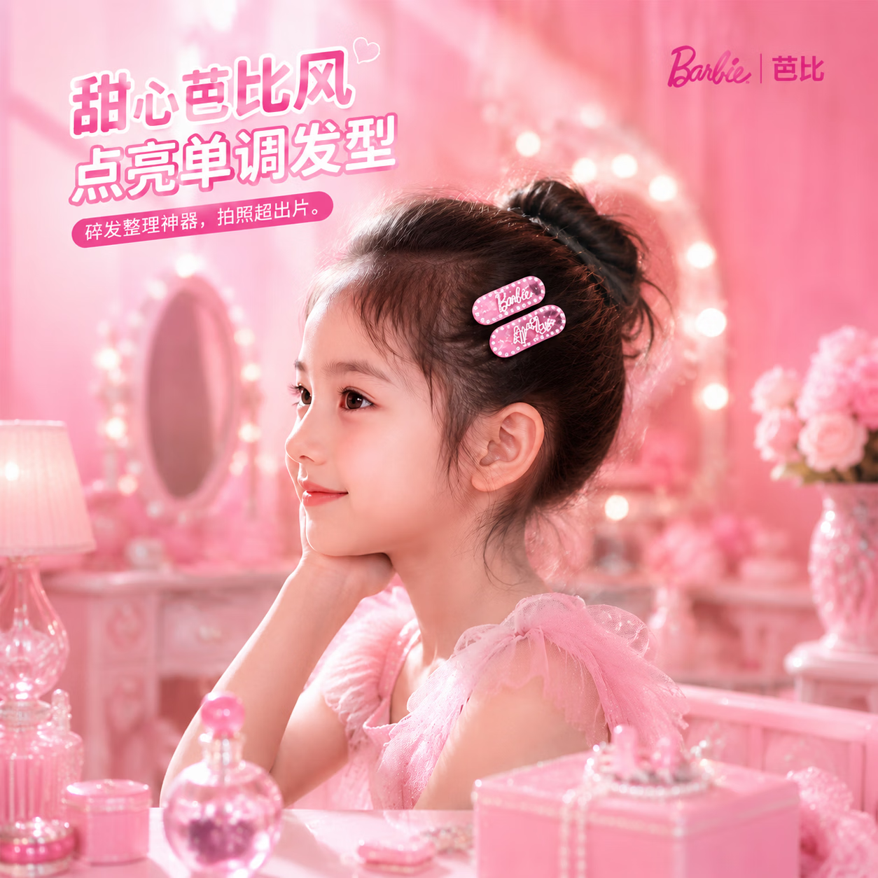 芭比(Barbie)BARBIE芭比官方正品发夹发饰女高级新款发夹侧边夹子头饰儿童发饰 Barbie芭比甜心【闪耀粉】发夹一个装