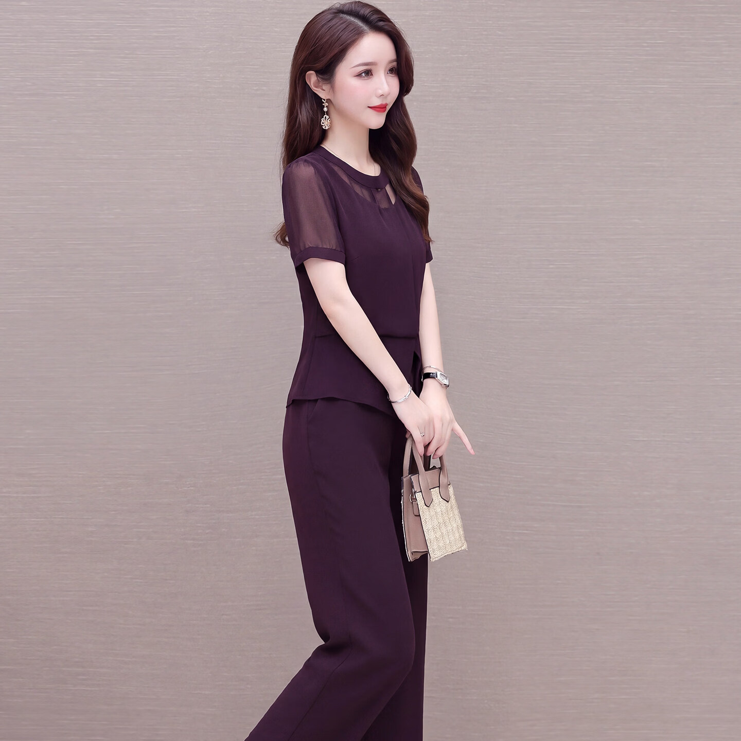 香影芬小个子气质时尚套装女2026夏季新款洋气显瘦短袖上衣阔腿裤两件套 紫红色 2XL (建议121-130斤)