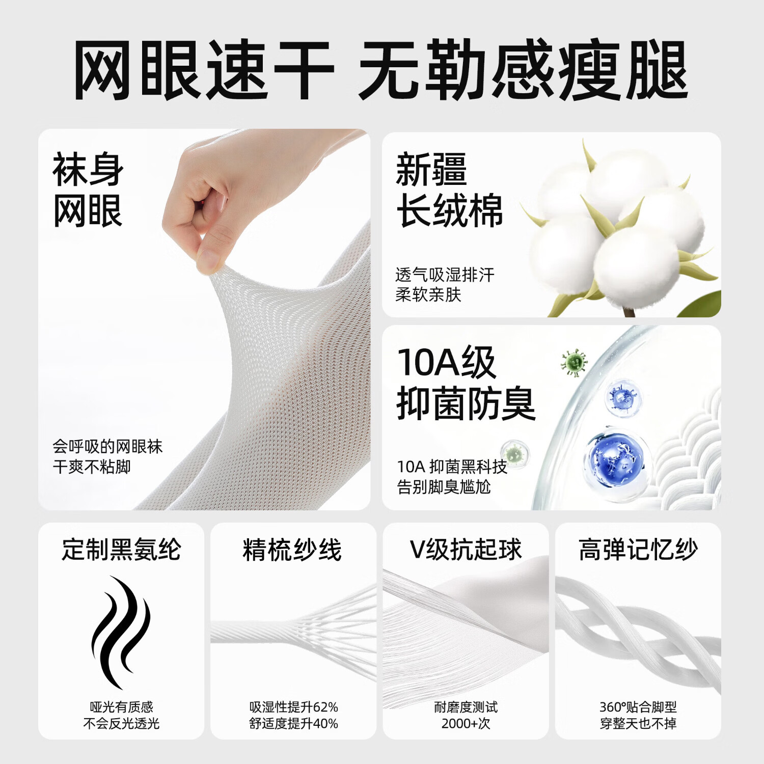 浪莎袜子女夏季长筒小腿袜无骨网眼黑色袜子抗菌透气瘦腿女士袜子 【黑+肤+白+灰】 均码 建议鞋码：36-39码】 【透气、瘦腿、不臭脚】