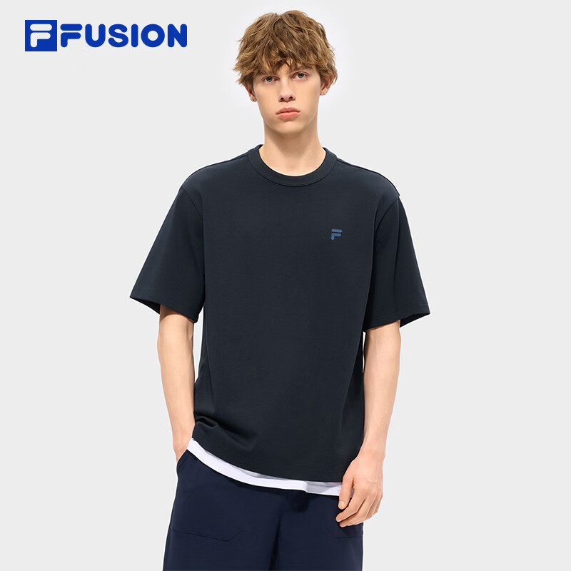 FILAFUSION斐乐潮牌男装 章昊同款针织短袖衫2026夏季新款休闲宽松T恤 天空船长蓝-BU M 170/92A/M