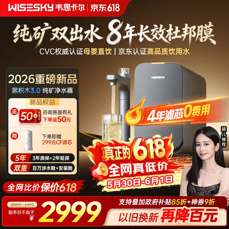 WISESKY韦思卡尔黑积木3.0纯矿双出水厨下净水器ro反渗透M5净水机家用