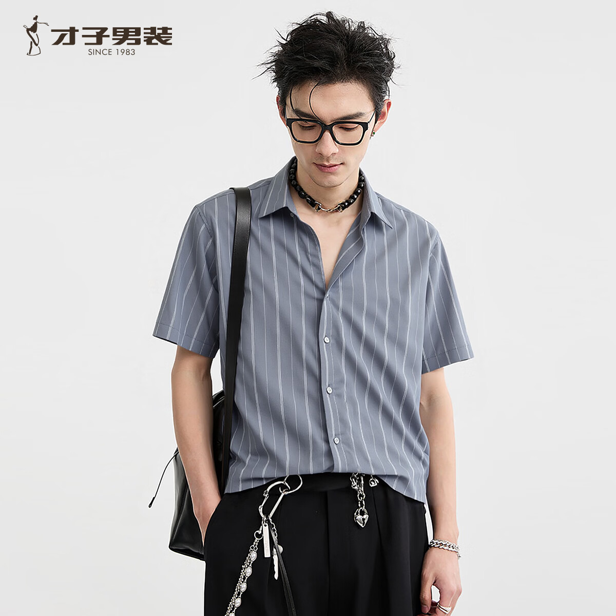 才子男士竖条纹提花短袖衬衫时尚轻奢高级感衬衣夏季亲肤透气 灰色 M (165/84A)