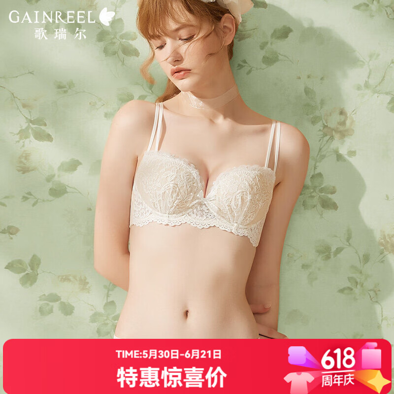 Gainreel歌瑞尔法式浪漫小胸聚拢文胸侧收副乳纯欲内衣女防下垂承托性感蕾丝胸罩 香槟肤 220296A 85C