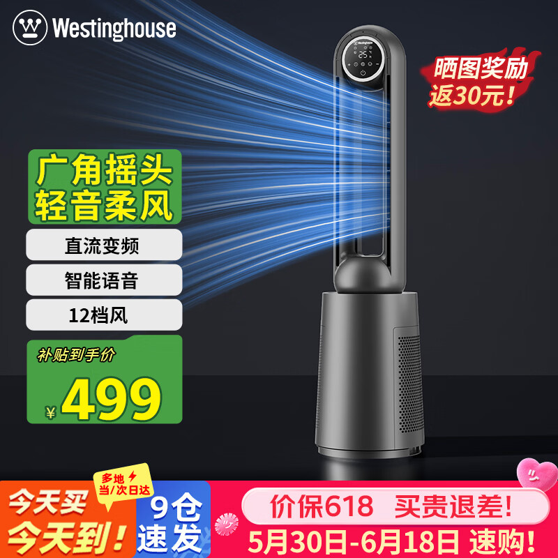 西屋（Westinghouse）无叶风扇电风扇直流变频遥控家用塔扇轻音节能过滤柔风广角摇头落地扇WTH-ZWY006
