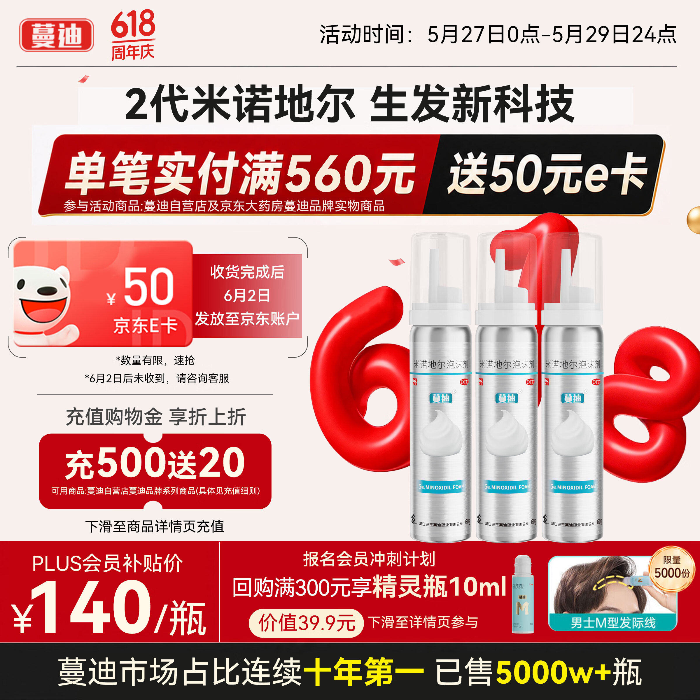 蔓迪【第二代米诺地尔】蔓迪5%生发泡沫剂60g*3（倍速生发 温和低敏）男女专用治脱发防脱育发米洛酊搽剂