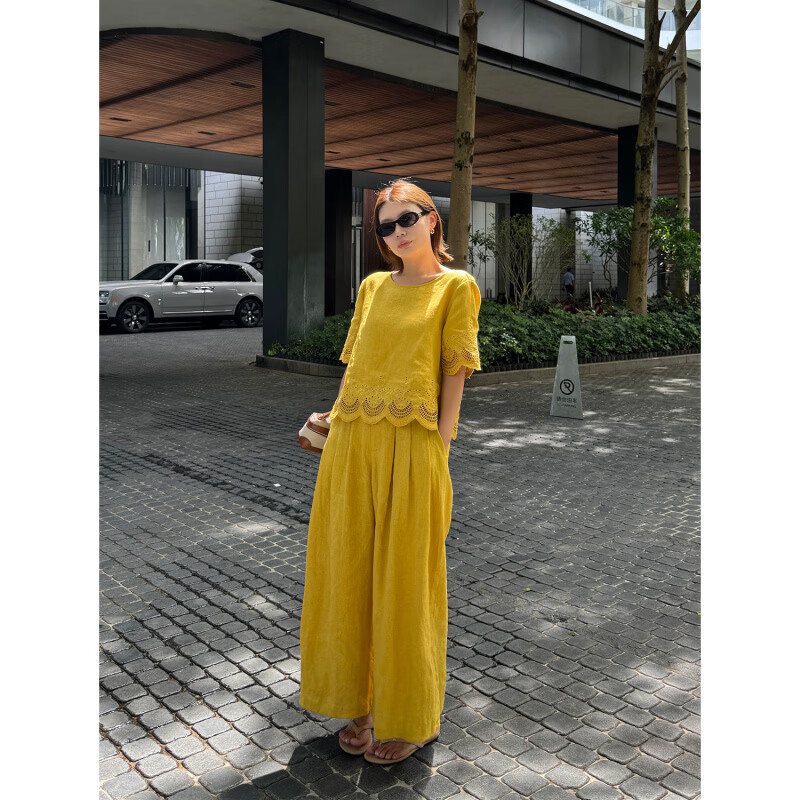 LE ALFASHIONLINE【断码清仓】100亚麻套装女夏新款宽松慵懒松弛镂空刺绣九分休闲 黄色-上衣 现货 S